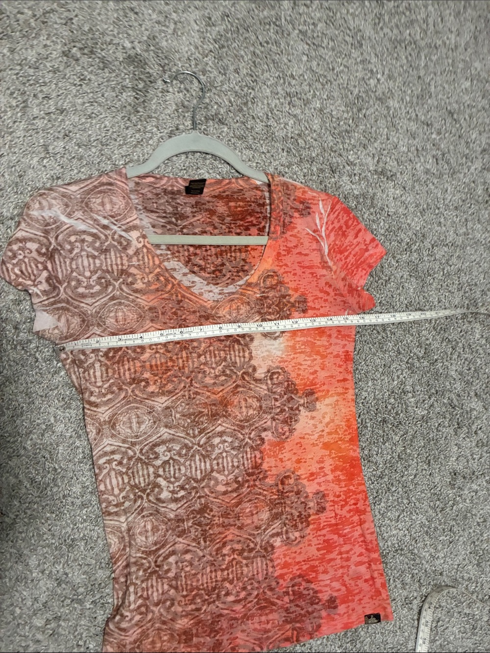 Prana Orange and Brown Boho Patterned V-Neck Short Sleeve Tee - Picture 7 of 7